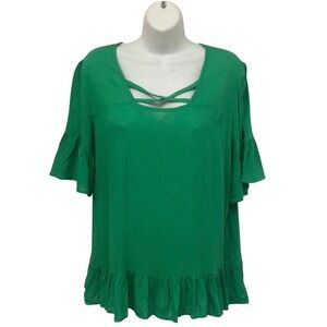 Rethm Green Lattice Neck‎ Ruffle Hem Bell Sleeve Tunic Top Women's S